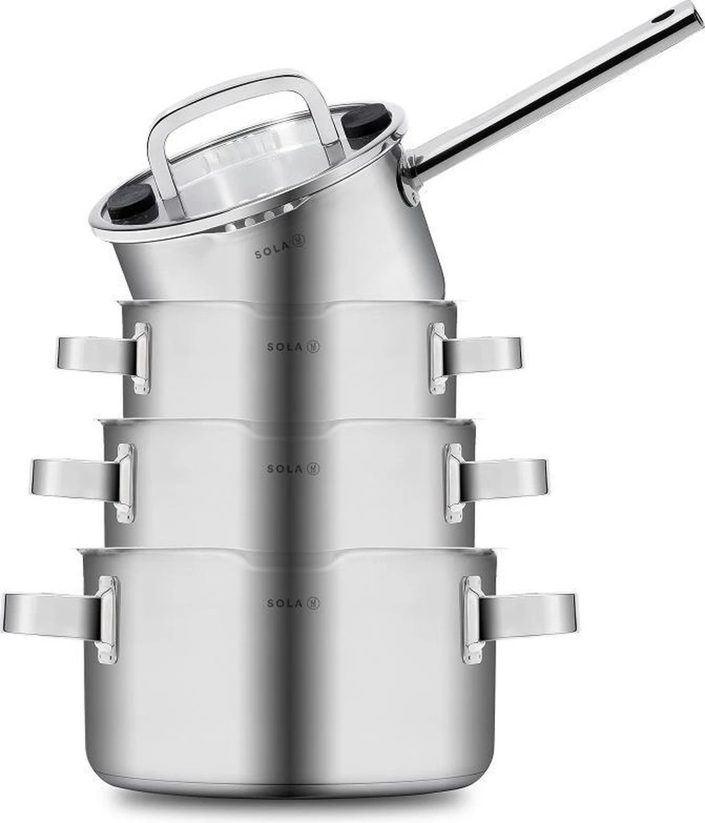 Sola Pannenset Juvia - 4 delig - Ø 16,16,18,20 cm - Zilver - RVS - Sandwichbodem Sola Pannenset Juvia - 4 Delig - Ø 16,16,18,20 Cm - Zilver - RVS - Sandwichbodem -Keuken Pot