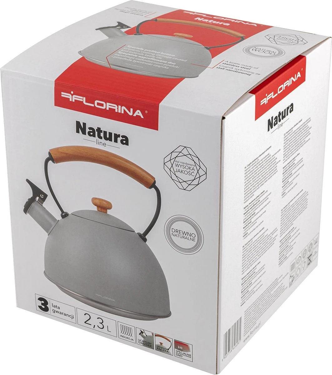 Florina Natura Line fluitketel RVS mat grijs 2.3 Liter - geschikt voor alle warmtebronnen - scandinavische stijl - massief houten handvat Florina Natura Line Fluitketel RVS Mat Grijs 2.3 Liter - Geschikt Voor Alle Warmtebronnen - Scandinavische Stijl - Massief Houten Handvat -Keuken Pot