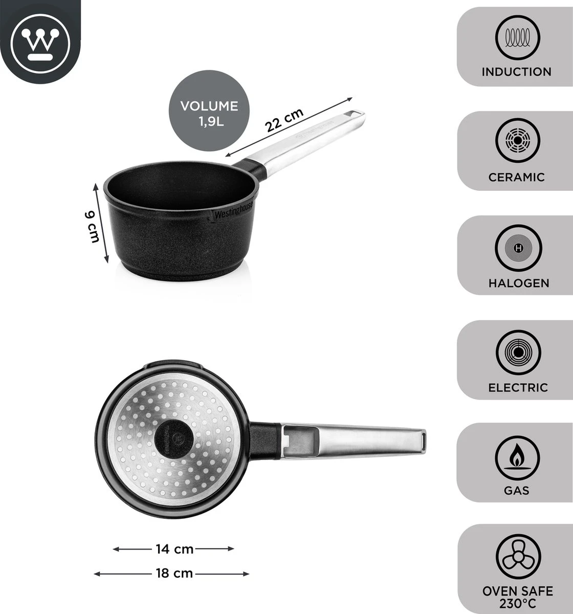 Westinghouse Performance Series - Steelpan Inductie 18cm - Zwart - Geschikt voor alle warmtebronnen inclusief inductie en ovenbestendig - Sauspan Westinghouse Performance Series - Steelpan Inductie 18cm - Zwart - Geschikt Voor Alle Warmtebronnen Inclusief Inductie En Ovenbestendig - Sauspan -Keuken Pot 1120x1200 10