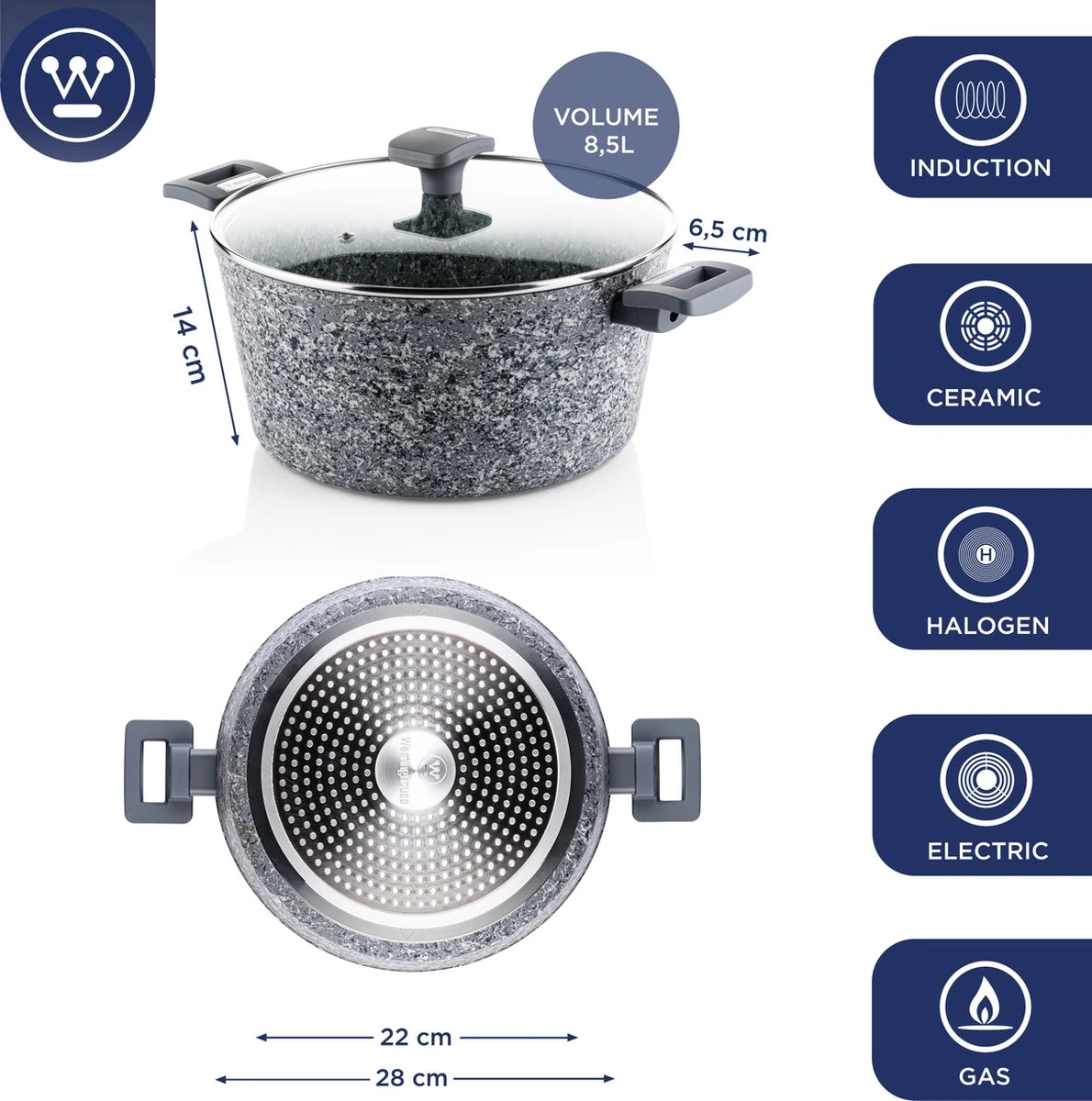 Westinghouse Kookpan/Braadpan Inductie - Ø 28 cm - Grijs Graniet - Met Deksel - PFOA Vrij Westinghouse Kookpan/Braadpan Inductie - Ø 28 Cm - Grijs Graniet - Met Deksel - PFOA Vrij -Keuken Pot 1190x1200 2