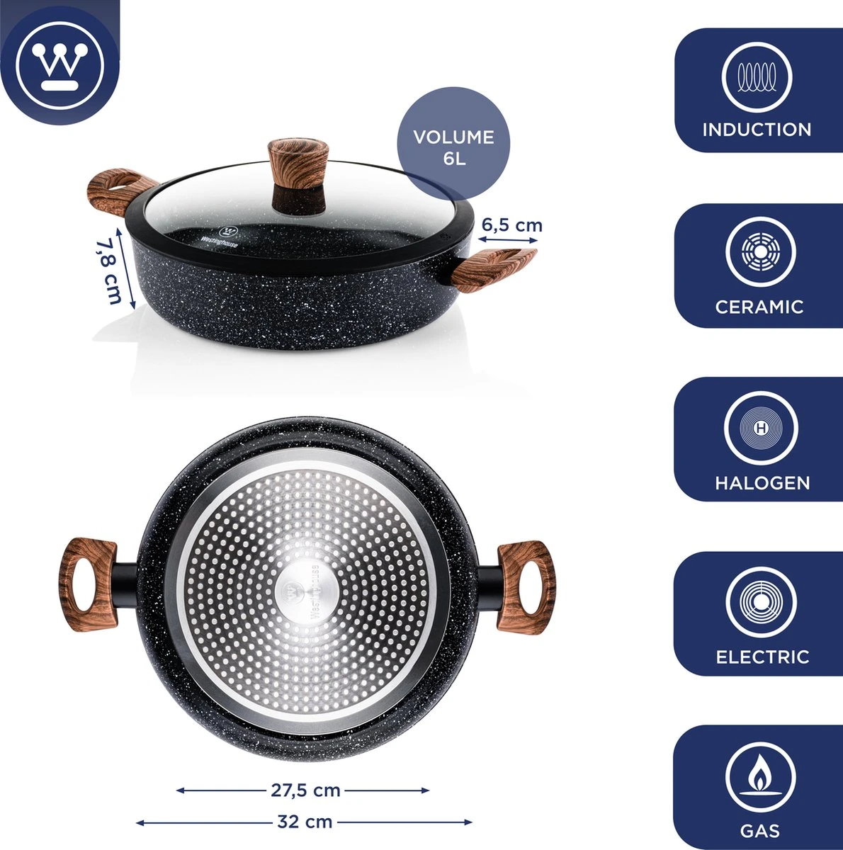 Westinghouse Hapjespan Inductie - Ø 32 cm - Zwart Marmer - Speciale Editie - Met Deksel Westinghouse Hapjespan Inductie - Ø 32 Cm - Zwart Marmer - Speciale Editie - Met Deksel -Keuken Pot 1190x1200 8