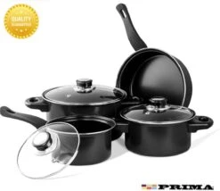 Prima Pannenset 7 Delig - Kleine Pannen - Zwart - Antiaanbaklaag - Kookset - Met Deksel - Kookpannen - Sauspan - Cadeau Voor Man En Vrouw