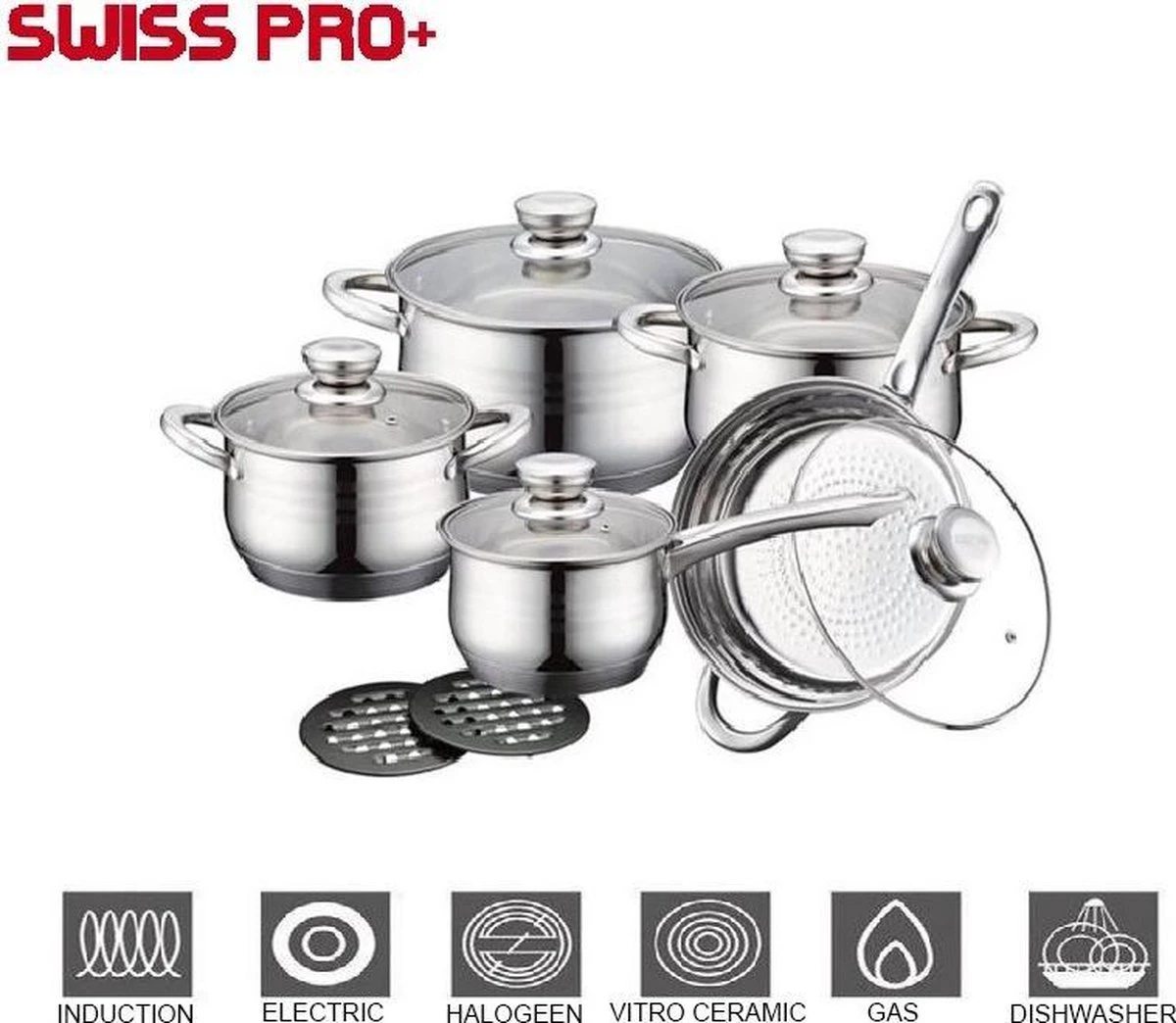 Swiss Pro + Pannenset - 12 delig - RVS - Roestvrijstalen Kookgerei 18/10 Swiss Pro + Pannenset - 12 Delig - RVS - Roestvrijstalen Kookgerei 18/10 -Keuken Pot