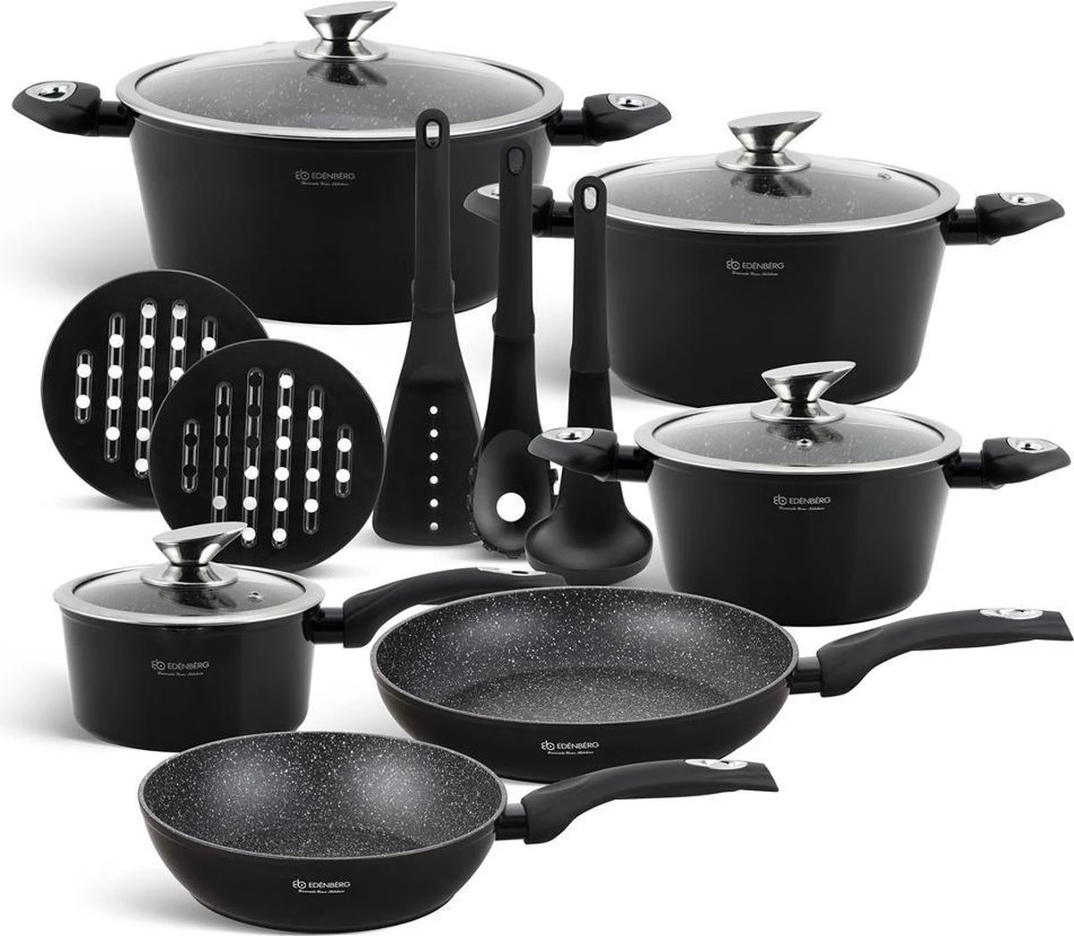 Edënbërg Black Line - 15-delige Luxe Pannenset van Gesmeed Aluminium Edënbërg Black Line - 15-delige Luxe Pannenset Van Gesmeed Aluminium -Keuken Pot