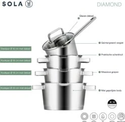 Sola Pannenset Diamond - 4 Delig - Ø 16,16,18,20 Cm - Zilver - RVS - Sandwichbodem 11 Sola Pannenset Diamond - 4 Delig - Ø 16,16,18,20 Cm - Zilver - RVS - Sandwichbodem -Keuken Pot 1200x1166 2