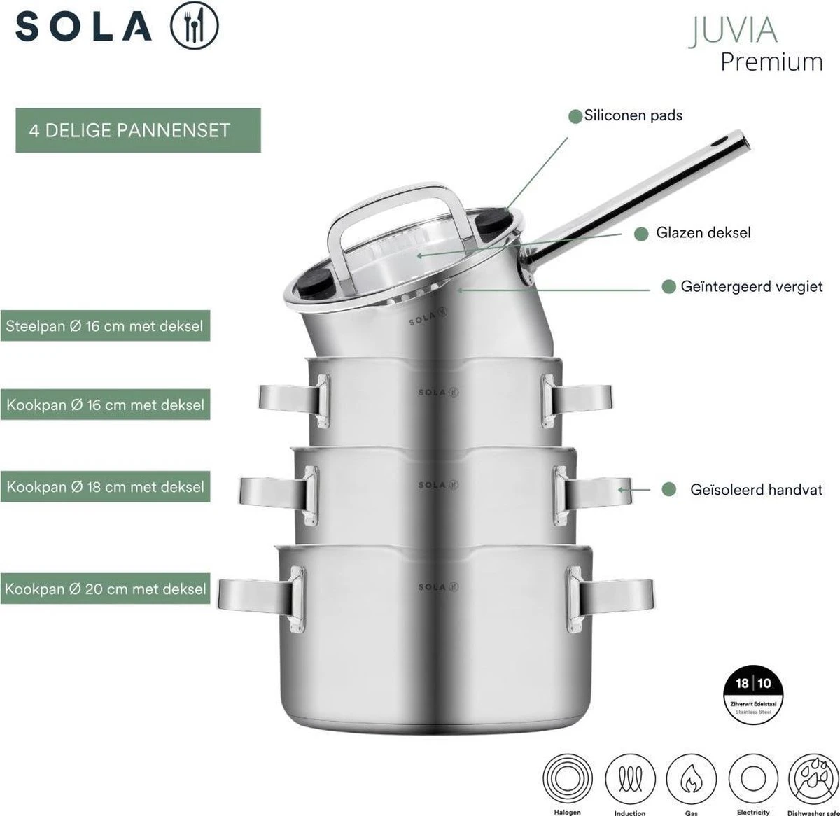 Sola Pannenset Juvia - 4 delig - Ø 16,16,18,20 cm - Zilver - RVS - Sandwichbodem Sola Pannenset Juvia - 4 Delig - Ø 16,16,18,20 Cm - Zilver - RVS - Sandwichbodem -Keuken Pot