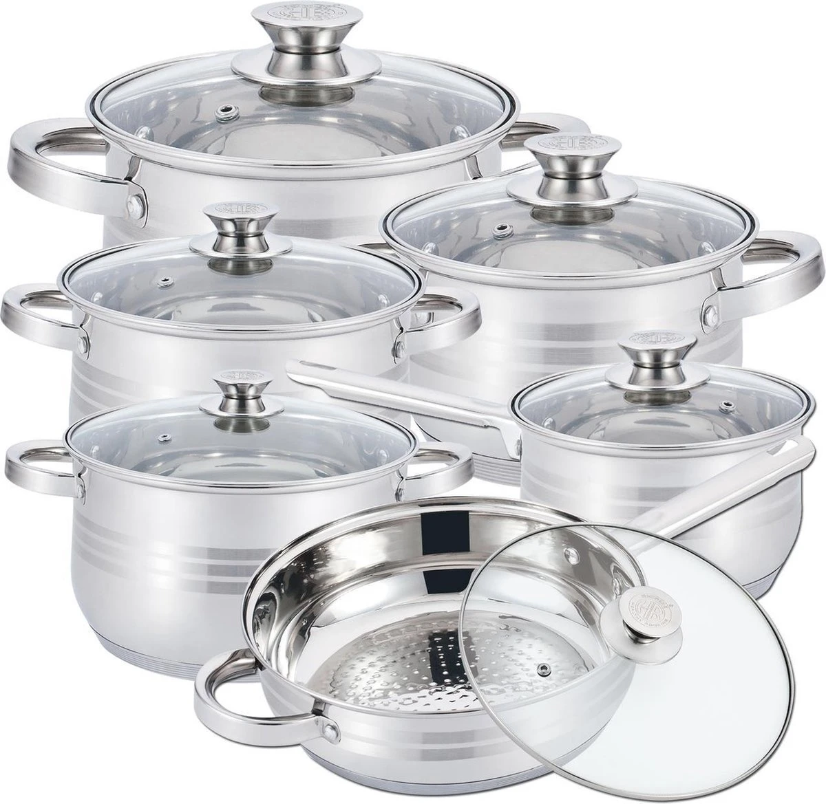 Herzberg Pannenset – 12-Delig – Voor Inductie en Gas – Vaatwasser Bestendig – RVS met Glazen Deksels Herzberg Pannenset – 12-Delig – Voor Inductie En Gas – Vaatwasser Bestendig – RVS Met Glazen Deksels -Keuken Pot