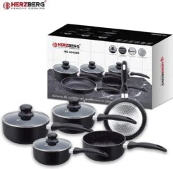 Herzberg HG-5003BK: 8 Pieces Marble Cookware Set - Black -Keuken Pot 1200x1175 3