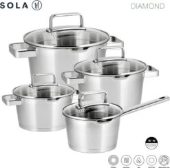 Sola Pannenset Diamond - 4 Delig - Ø 16,16,18,20 Cm - Zilver - RVS - Sandwichbodem 10 Sola Pannenset Diamond - 4 Delig - Ø 16,16,18,20 Cm - Zilver - RVS - Sandwichbodem -Keuken Pot 1200x1183