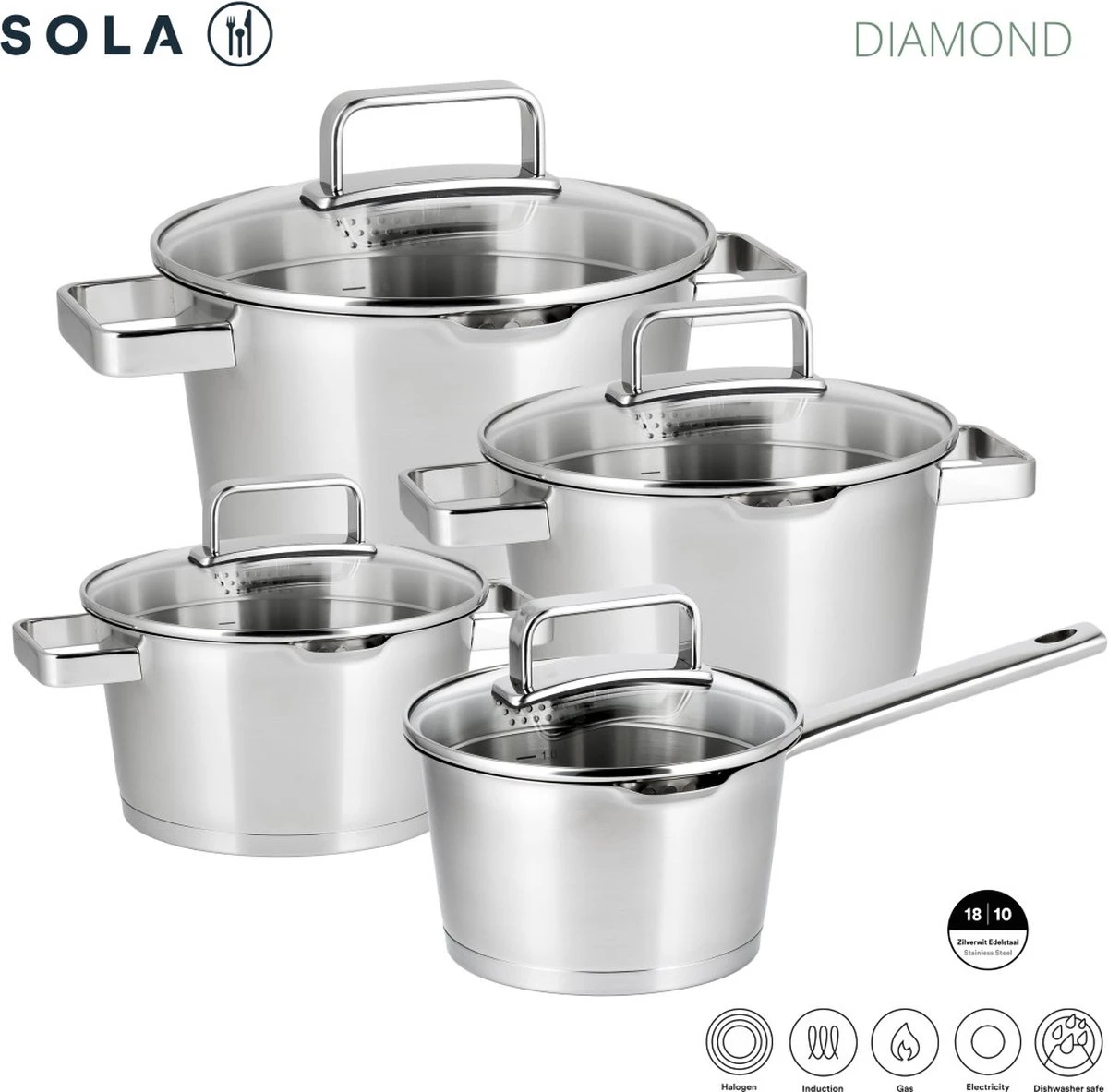 Sola Pannenset Diamond - 4 delig - Ø 16,16,18,20 cm - Zilver - RVS - Sandwichbodem Sola Pannenset Diamond - 4 Delig - Ø 16,16,18,20 Cm - Zilver - RVS - Sandwichbodem -Keuken Pot
