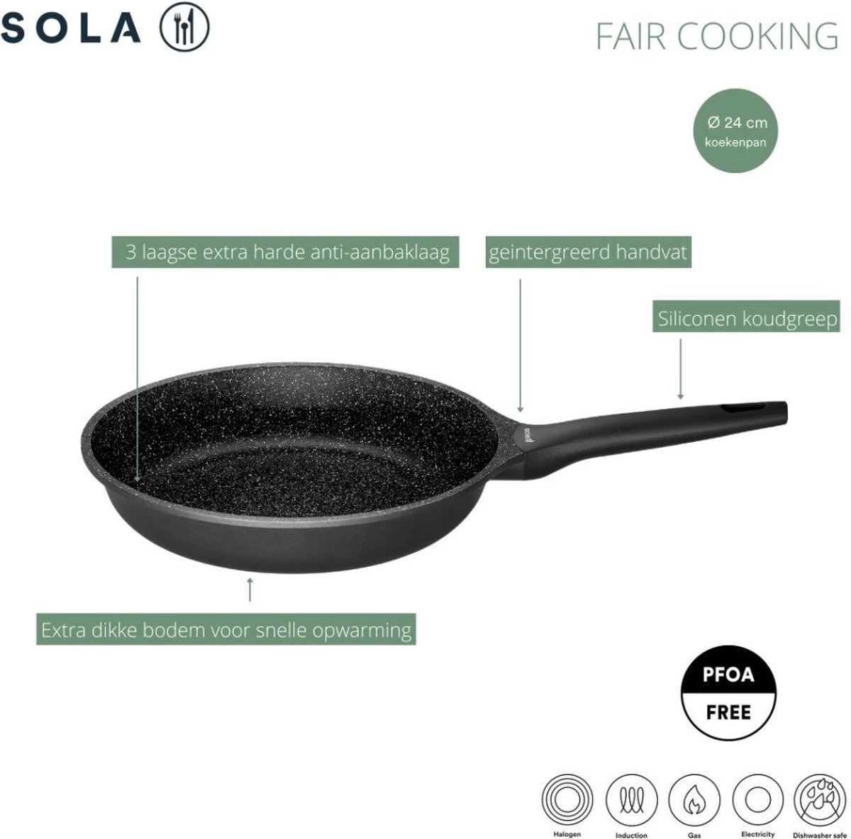 Sola - Fair Cooking Zwart/wit greblon anti aanbaklaag Sola - Fair Cooking Zwart/wit Greblon Anti Aanbaklaag -Keuken Pot