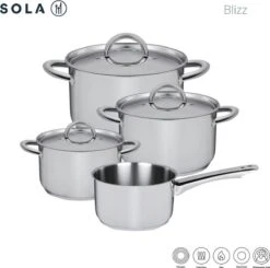 Sola Pannenset Blizz - 4 Delig - Ø Cm - Zilver - RVS - Sandwichbodem -Keuken Pot 1200x1188
