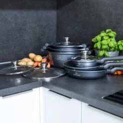 Herenthal Pannenset Inductie - Luxe 10-Delige Pannenset - Kookpotten Voor Alle Warmtebronnen - Kookpan - Pan Inductie Met Glazen Deksels En Koudgrepen - Grijs -Keuken Pot 1200x1200 159