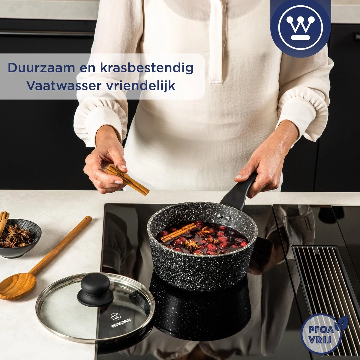 Westinghouse Steelpan Inductie - Ø 18 cm - Zwart Marmer - met Deksel - Sauspan Westinghouse Steelpan Inductie - Ø 18 Cm - Zwart Marmer - Met Deksel - Sauspan -Keuken Pot 1200x1200 1807