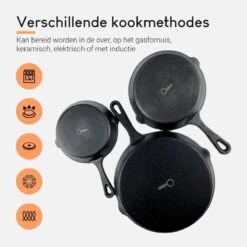 Ocina Gietijzeren Pan – Set Van 3 Stuks – ø25cm, ø19.5cm En ø16cm - Skillet - Koekenpan – Hapjespan – Koekenpan Inductie – Koekenpannenset - Gietijzeren Pan Bbq - Gietijzer - Incl. Receptenboek -Keuken Pot 1200x1200 682