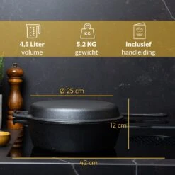 Chefarone Gietijzeren Pan - 2-in-1 Braadpan Inclusief Deksel - Geschikt Voor Alle Warmtebronnen -Keuken Pot 1200x1200 936