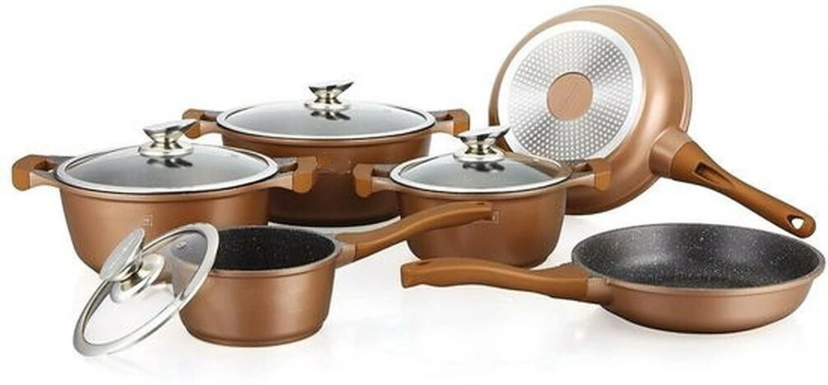 Herenthal Royal HT-CBS1010M - Pannenset - 10 delig - Marmeren coating - Met glazen deksels - Inductie - Brons Koper Herenthal Royal HT-CBS1010M - Pannenset - 10 Delig - Marmeren Coating - Met Glazen Deksels - Inductie - Brons Koper -Keuken Pot 1200x558 1