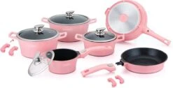 Royalty Line - Set Lot 14-delige Pannenset Inductie - Glazen Deksel - Met Afneembare Handgreep - Marmeren Interieur -PFAS-vrij - Roze Kleur