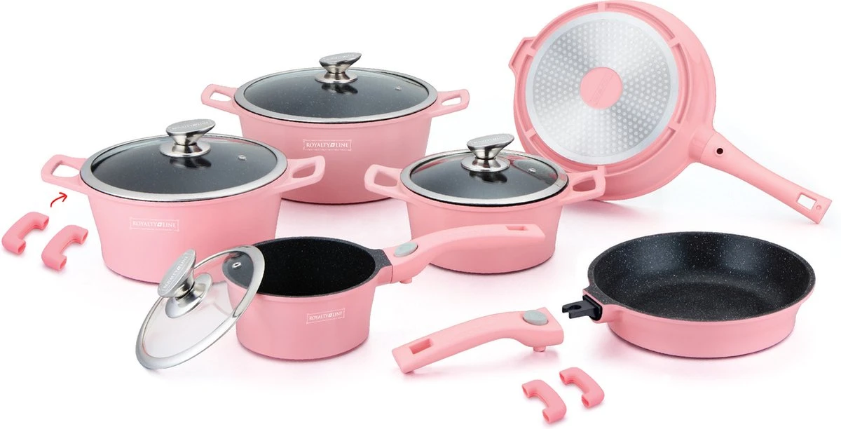 Royalty Line - Set Lot 14-delige Pannenset inductie - Glazen deksel - Met afneembare handgreep - Marmeren interieur -PFAS-vrij - Roze kleur Royalty Line - Set Lot 14-delige Pannenset Inductie - Glazen Deksel - Met Afneembare Handgreep - Marmeren Interieur -PFAS-vrij - Roze Kleur -Keuken Pot 1200x612 9