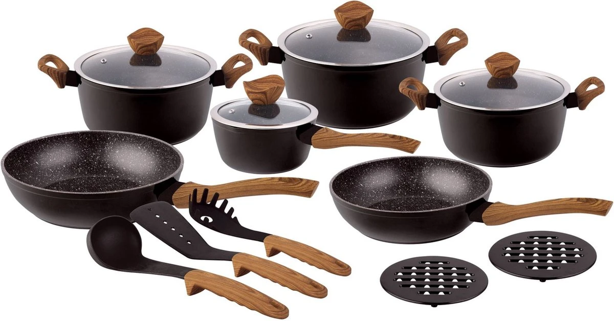 15 delig pannenset - Marmeren coating - Hapjespan - Kookpan - Marmeren coating - Met glazen deksels - Zwart 15 Delig Pannenset - Marmeren Coating - Hapjespan - Kookpan - Marmeren Coating - Met Glazen Deksels - Zwart -Keuken Pot