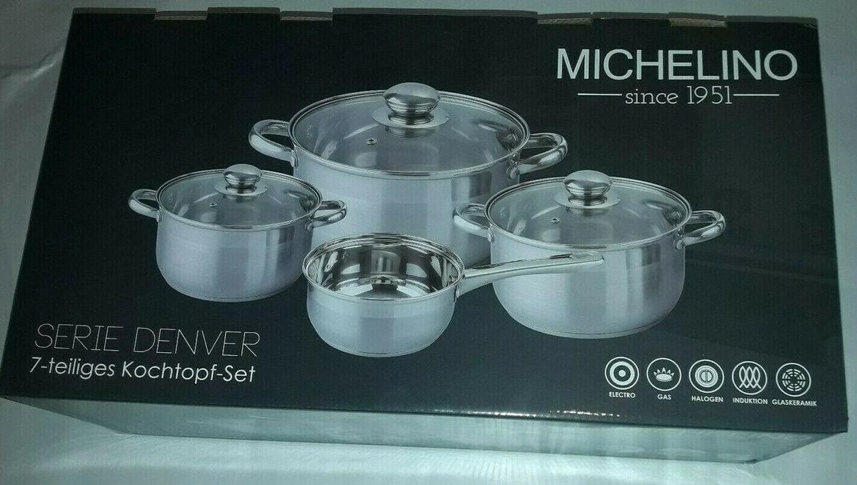 Michelino Pannenset Inductie 7-Delig - Glazendeksels - RVS Pannen - Steelpan/Kookpannen - Zilver Michelino Pannenset Inductie 7-Delig - Glazendeksels - RVS Pannen - Steelpan/Kookpannen - Zilver -Keuken Pot