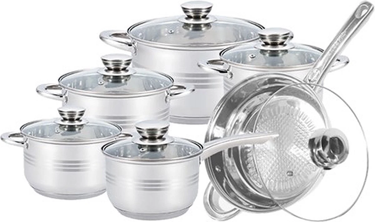 Pannenset 13 delig - RVS - Pan / Steelpan / Koekenpan - Met Glazen Deksels - Inductie - PFAS-vrij Pannenset 13 Delig - RVS - Pan / Steelpan / Koekenpan - Met Glazen Deksels - Inductie - PFAS-vrij -Keuken Pot 1200x711 3