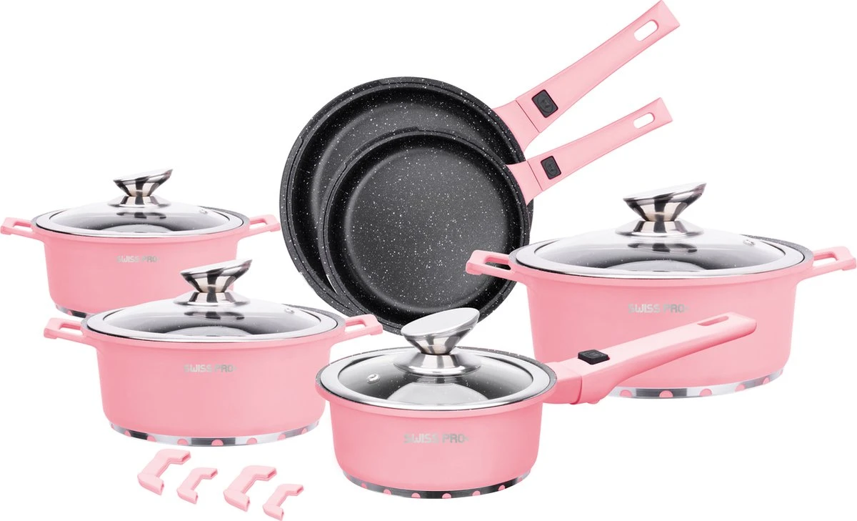 Swiss Pro+ | Set 14 Delige Pannenset | Inductie - Pannensets - Glazen deksel - Met afneembare handgreep - Marmeren interieur -PFAS-vrij | Pink Swiss Pro+ | Set 14 Delige Pannenset | Inductie - Pannensets - Glazen Deksel - Met Afneembare Handgreep - Marmeren Interieur -PFAS-vrij | Pink -Keuken Pot 1200x729 5