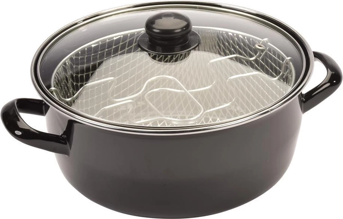 Frituurpan Emaille met Glazen Deksel en Korf - Ø 26cm - Zwart Frituurpan Emaille Met Glazen Deksel En Korf - Ø 26cm - Zwart -Keuken Pot 1200x765 6