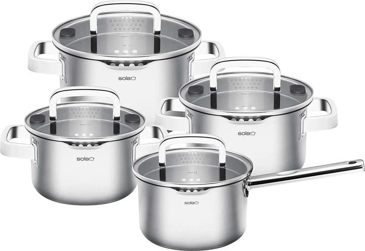 Sola Pannenset Juvia - 4 delig - Ø 16,16,18,20 cm - Zilver - RVS - Sandwichbodem Sola Pannenset Juvia - 4 Delig - Ø 16,16,18,20 Cm - Zilver - RVS - Sandwichbodem -Keuken Pot
