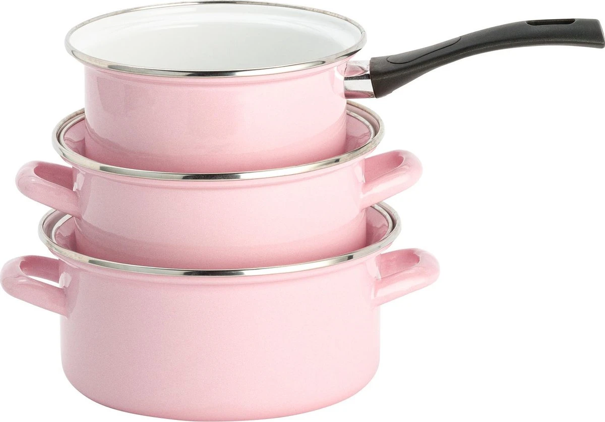 Lite-Body Pannenset - 3-delig - 2 kookpannen & 1 steelpan - Emaille - Serafijn roze Lite-Body Pannenset - 3-delig - 2 Kookpannen & 1 Steelpan - Emaille - Serafijn Roze -Keuken Pot
