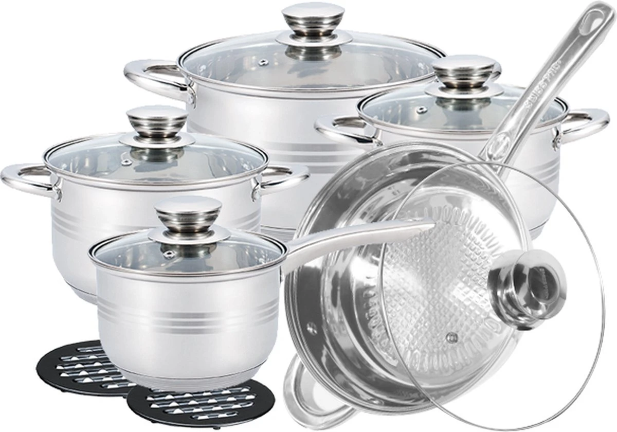 Pannenset 13 delig - RVS - Pan / Steelpan / Koekenpan - Met Glazen Deksels - Inductie - PFAS-vrij Pannenset 13 Delig - RVS - Pan / Steelpan / Koekenpan - Met Glazen Deksels - Inductie - PFAS-vrij -Keuken Pot 1200x840 2