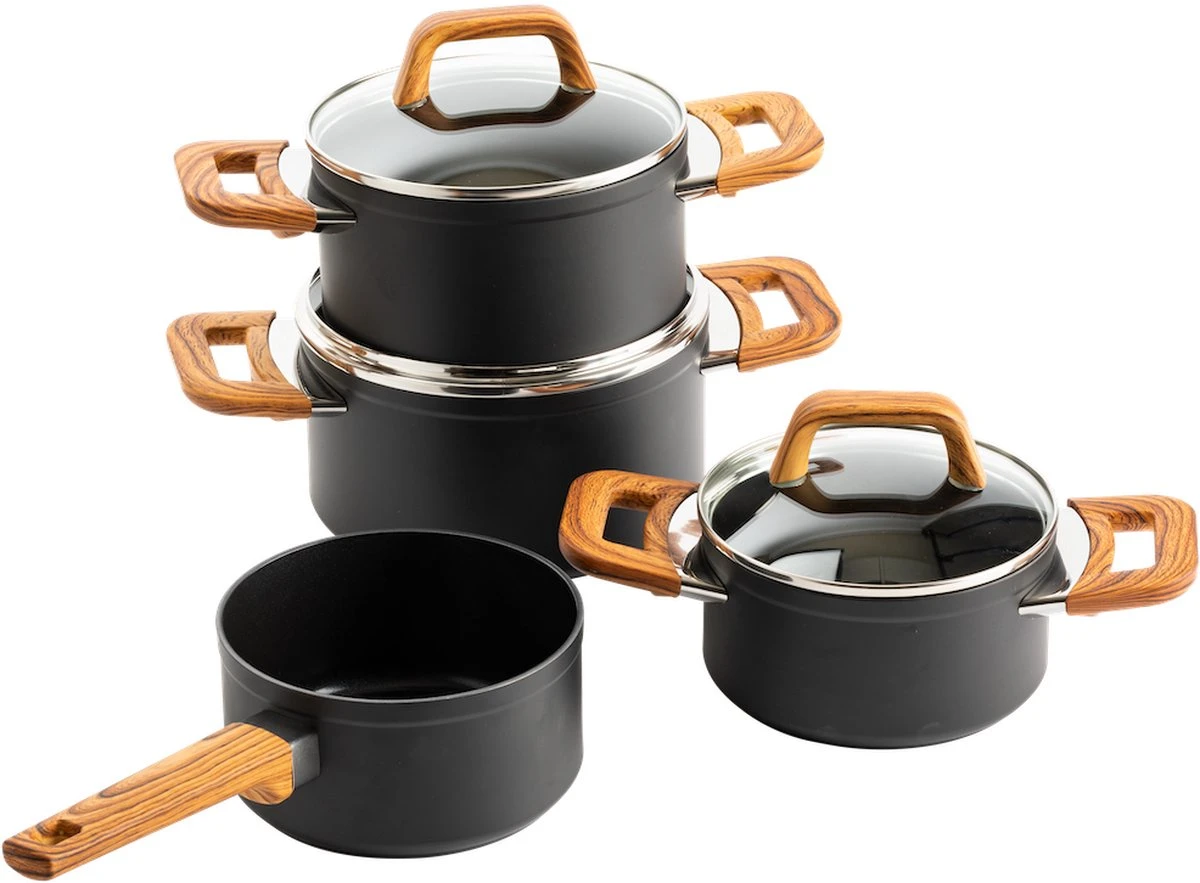 Gero Mark kookpannenset - 4-delig - zwart - houtlook grepen - inductie - PFAS-vrij Gero Mark Kookpannenset - 4-delig - Zwart - Houtlook Grepen - Inductie - PFAS-vrij -Keuken Pot 1200x883 1