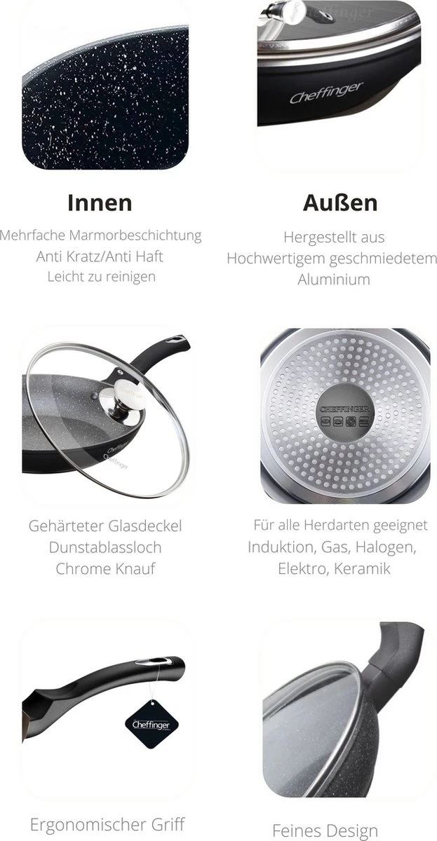 Cheffinger Koekenpan - met Deksel - Marmeren Coating - 26 cm - Zwart Cheffinger Koekenpan - Met Deksel - Marmeren Coating - 26 Cm - Zwart -Keuken Pot