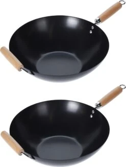 Wok Carbon Staal Ø35cm Houten Handgreep Wokpannen 4 Wok Carbon Staal Ø35cm Houten Handgreep Wokpannen -Keuken Pot 907x1200