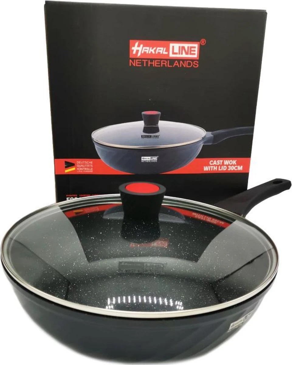 Marble Coating Wokpan Inductie - met glazen deksel - Zwart - 30 cm Marble Coating Wokpan Inductie - Met Glazen Deksel - Zwart - 30 Cm -Keuken Pot